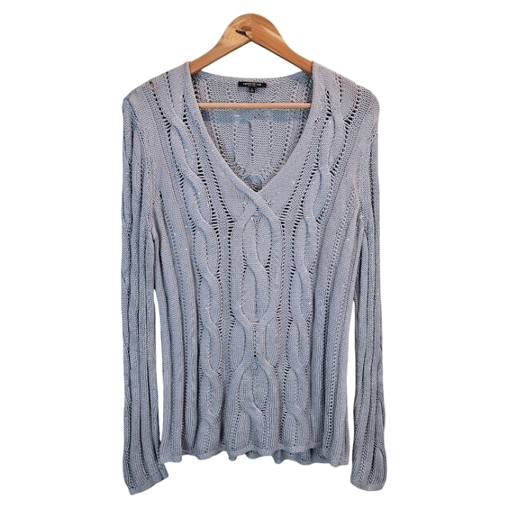 Lafayette 148 Womens Silk & Cotton Cable Knit Sequin Sweater Gray Sz Large